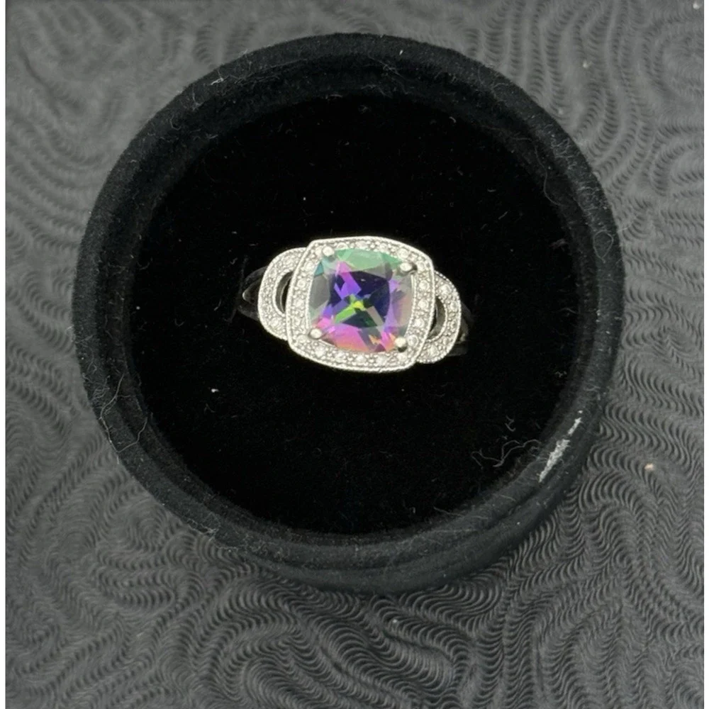 Mystic Topaz Halo Ring Sterling Silver Cushion 9mm Split Shank Sz 8